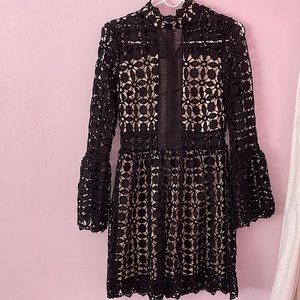 Eilly Bazar Insert Mock Neck Flounce Sleeve Lace Dress / Black